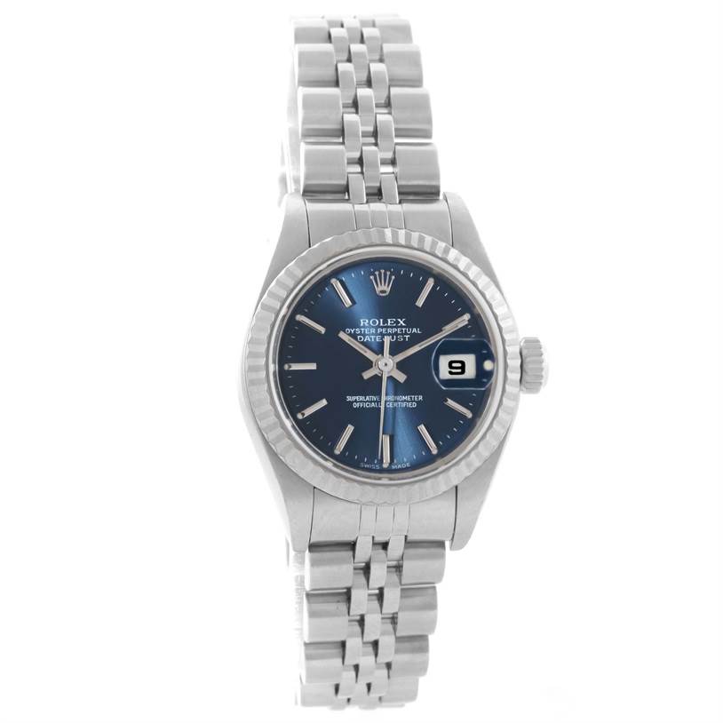 The Rolex Datejust 79174 Women's Stainless Steel Blue Dial 79174 Women's Stainless Steel Blue Dial watch model is shown from a front angle displaying its blue dial, fluted bezel, and jubilee bracelet.