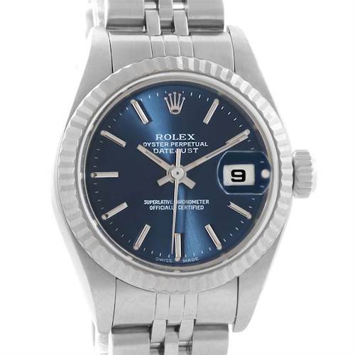 The image shows a frontal view of the Rolex Datejust 79174 Women's Stainless Steel Blue Dial 79174 Women's Stainless Steel Blue Dial watch, highlighting its dial, bezel, and bracelet.