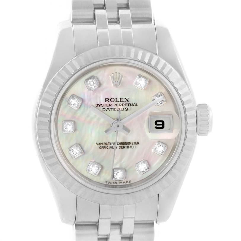 This image shows a frontal view of the dial and bracelet of a Rolex Datejust 179174 Women's Stainless Steel Mother of Pearl Dial 179174 Women's Stainless Steel Mother of Pearl Dial model watch.