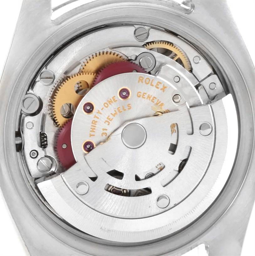 This image shows the inner mechanism and movement components of the Rolex Datejust 179174 Women's Stainless Steel Mother of Pearl Dial 179174 Women's Stainless Steel Mother of Pearl Dial watch from a rear, close-up angle.