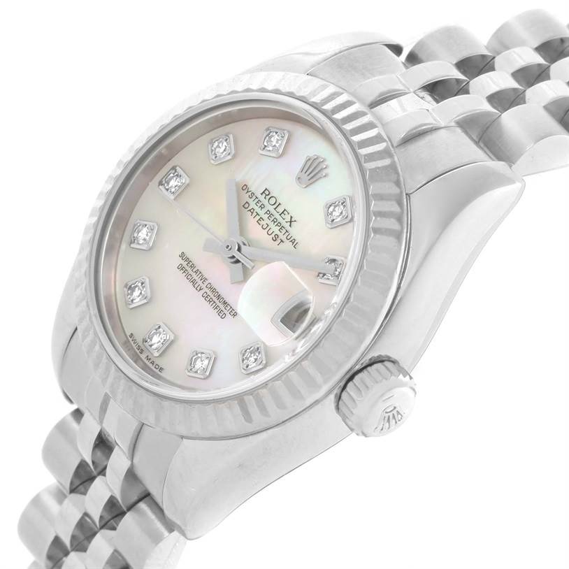 This Rolex Datejust 179174 Women's Stainless Steel Mother of Pearl Dial 179174 Women's Stainless Steel Mother of Pearl Dial watch is shown from a slight side angle, displaying the face, bezel, crown, and part of the bracelet.