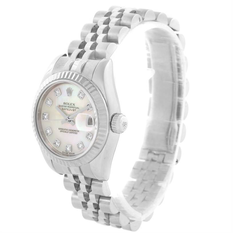This image shows a Rolex Datejust 179174 Women's Stainless Steel Mother of Pearl Dial 179174 Women's Stainless Steel Mother of Pearl Dial model from a three-quarter angle, highlighting the dial, crown, and bracelet.