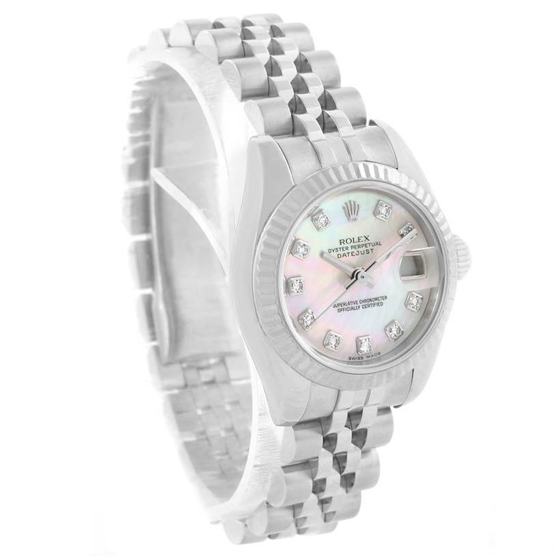 The image shows a Rolex Datejust 179174 Women's Stainless Steel Mother of Pearl Dial 179174 Women's Stainless Steel Mother of Pearl Dial watch at a slight angle, highlighting its face, bezel, and part of its metal bracelet.