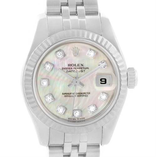 This image shows a frontal view of the Rolex Datejust 179174 Women's Stainless Steel Mother of Pearl Dial 179174 Women's Stainless Steel Mother of Pearl Dial watch featuring its distinctive face, bezel, and part of the bracelet.