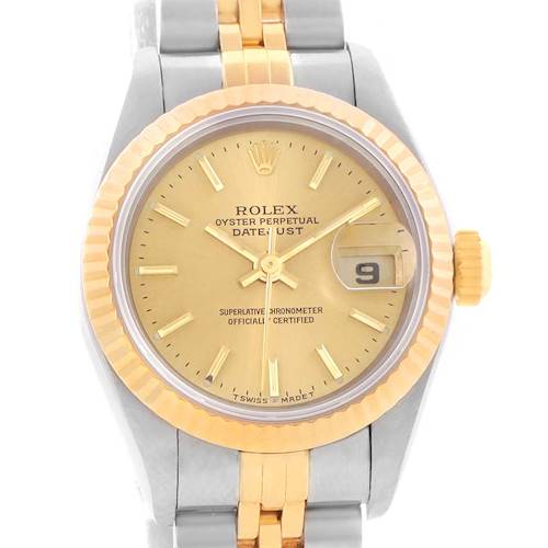 This image shows a front view of the Rolex Datejust 69173 Women's Stainless Steel Champagne Dial 69173 Women's Stainless Steel Champagne Dial watch, highlighting the dial, bezel, and bracelet.