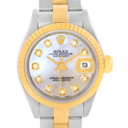 This image shows a front view of the Rolex Datejust 69173 Women's Stainless Steel Mother of Pearl Dial 69173 Women's Stainless Steel Mother of Pearl Dial watch, highlighting the dial, hands, bezel, and part of the bracelet.
