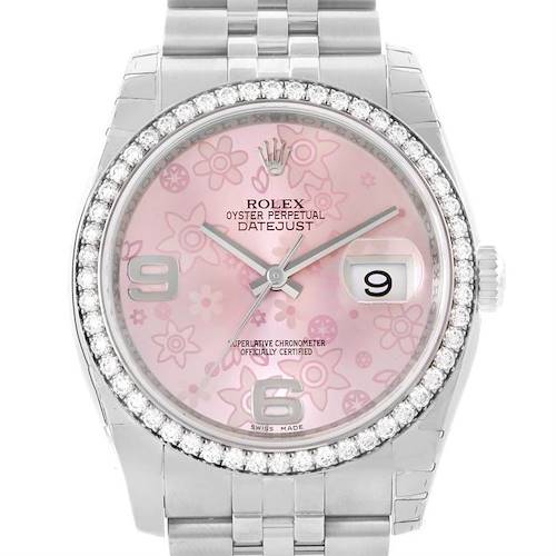 The Rolex Datejust 116244PFAO Women's Stainless Steel Pink Dial 116244PFAO Women's Stainless Steel Pink Dial watch is shown from the front, displaying the dial, bezel, case, and part of the bracelet.