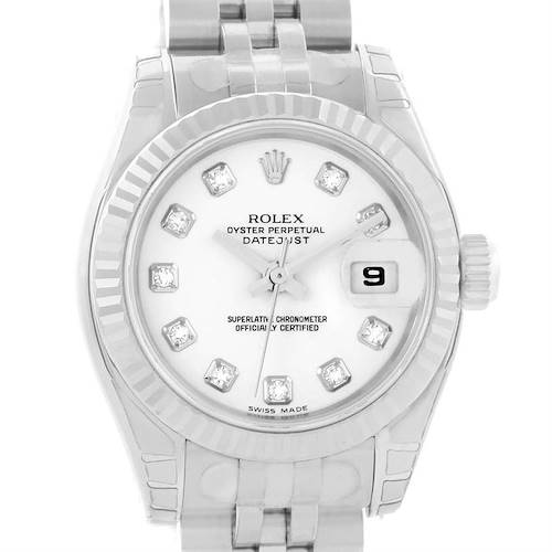 The image shows a front view of a Rolex Datejust 179174 Women's Stainless Steel White Dial 179174 Women's Stainless Steel White Dial watch, highlighting the dial, bezel, crown, and part of the bracelet.