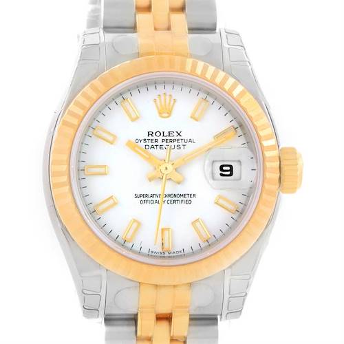 The image shows a front view of the Rolex Datejust 179173 Women's Steel and Gold (two tone) White Dial 179173 Women's Steel and Gold (two tone) White Dial watch, highlighting its dial, bezel, crown, and part of the bracelet.