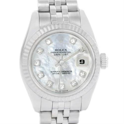 The image shows a close-up, front view of the Rolex Datejust 179174 Women's Stainless Steel Mother of Pearl Dial 179174 Women's Stainless Steel Mother of Pearl Dial watch, highlighting its face, date window, and part of the bracelet.