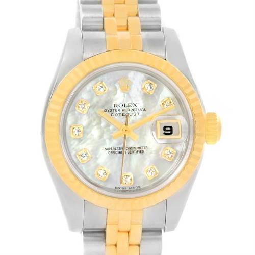 This Rolex Datejust 179173 Women's Steel and Gold (two tone) Mother of Pearl Dial 179173 Women's Steel and Gold (two tone) Mother of Pearl Dial watch is shown from a front angle, highlighting its dial, bezel, crown, and part of the bracelet.