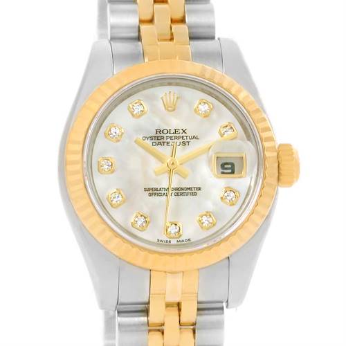 This image shows a front view of a Rolex Datejust 179173 Women's Steel and Gold (two tone) Mother of Pearl Dial 179173 Women's Steel and Gold (two tone) Mother of Pearl Dial watch featuring a gold bezel and markers, and a silver and gold bracelet.