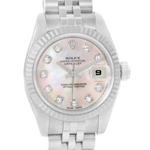 This image shows a front view of the Rolex Datejust 179174 Women's Stainless Steel Mother of Pearl Dial 179174 Women's Stainless Steel Mother of Pearl Dial watch, displaying its dial, hands, date window, and a portion of the bracelet.