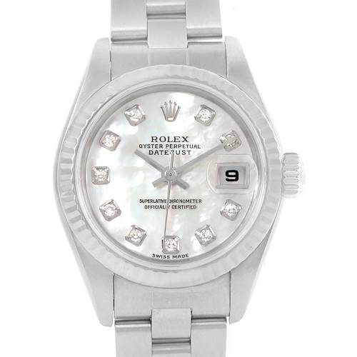 This image shows a front view of the Rolex Datejust 79174 Women's Stainless Steel Mother of Pearl Dial 79174 Women's Stainless Steel Mother of Pearl Dial, displaying the watch face, bezel, and part of the bracelet.