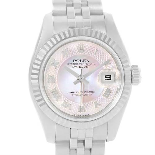 The image shows a front view of a Rolex Datejust 179174 Women's Stainless Steel Mother of Pearl Dial 179174 Women's Stainless Steel Mother of Pearl Dial watch, highlighting its face, bezel, and part of the bracelet.