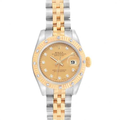 This image shows a front view of a Rolex Datejust 179313 Women's Stainless Steel Champagne Dial 179313 Women's Stainless Steel Champagne Dial watch, featuring its dial, bezel, and bracelet.