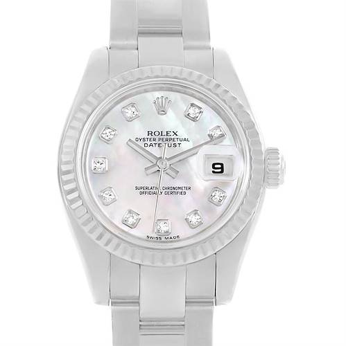 The image shows a front view of a Rolex Datejust 179174 Women's Stainless Steel Mother of Pearl Dial 179174 Women's Stainless Steel Mother of Pearl Dial watch, highlighting its dial, bezel, and part of the bracelet.