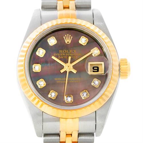 This image showcases the face, bezel, crown, and part of the bracelet of the Rolex Datejust 79173 Women's Steel and Gold (two tone) Mother of Pearl Dial 79173 Women's Steel and Gold (two tone) Mother of Pearl Dial watch.