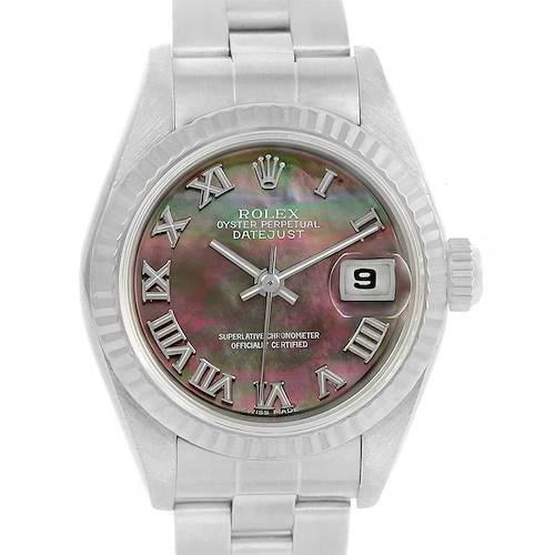 The image shows a frontal view of the Rolex Datejust 79174 Women's Stainless Steel Mother of Pearl Dial 79174 Women's Stainless Steel Mother of Pearl Dial watch, displaying its dial, bezel, bracelet, and crown.