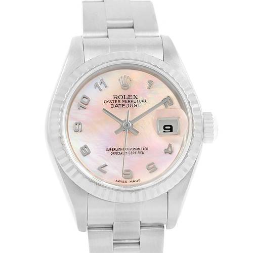 The image shows a front view of the Rolex Datejust 79174 Women's Stainless Steel Mother of Pearl Dial 79174 Women's Stainless Steel Mother of Pearl Dial watch, highlighting its face, hands, and part of its bracelet.