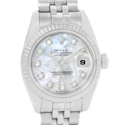 This Rolex Datejust 179174 Women's Stainless Steel Mother of Pearl Dial 179174 Women's Stainless Steel Mother of Pearl Dial watch is shown from a frontal angle, showcasing its dial, bezel, and part of the bracelet.