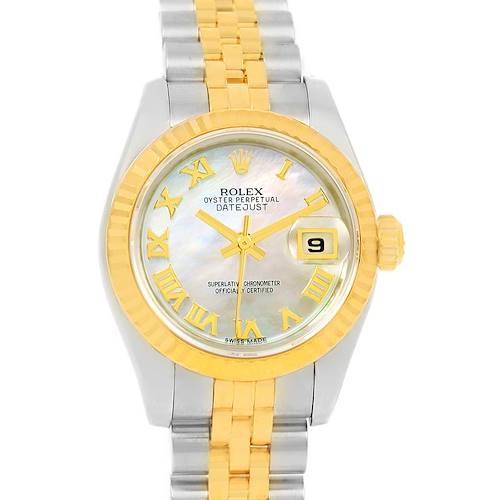 This Rolex Datejust 179173 Women's Steel and Gold (two tone) Mother of Pearl Dial 179173 Women's Steel and Gold (two tone) Mother of Pearl Dial watch is shown from the front angle, highlighting its dial, bezel, and bracelet.