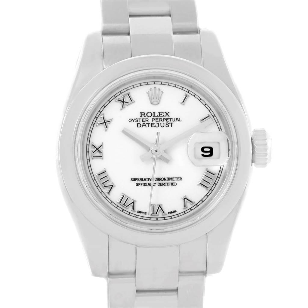 This image shows a front view of the Rolex Datejust 179160 Women's Stainless Steel White Dial 179160 Women's Stainless Steel White Dial watch, displaying the dial, hour markers, hands, date window, and bracelet.