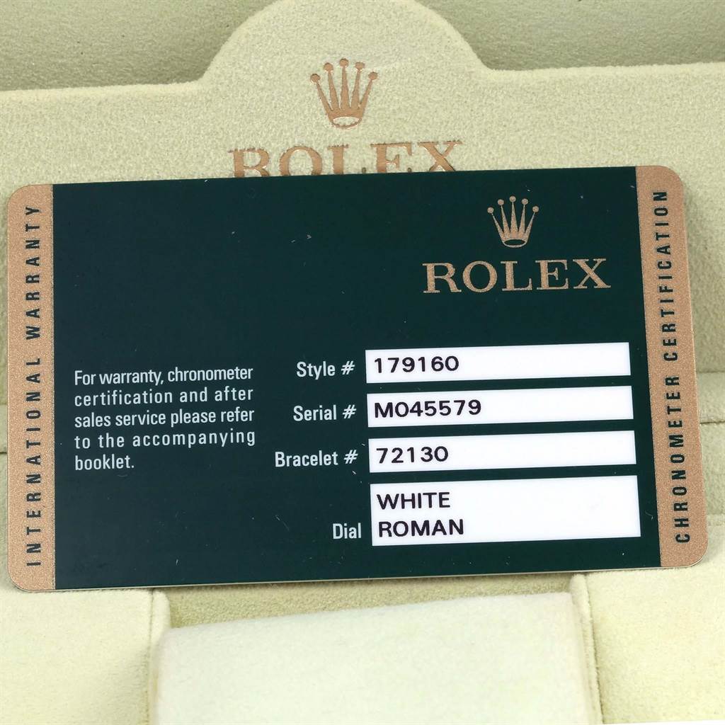 The image shows the international warranty card for a Rolex Datejust 179160 Women's Stainless Steel White Dial 179160 Women's Stainless Steel White Dial model, indicating details like style, serial, and bracelet numbers.