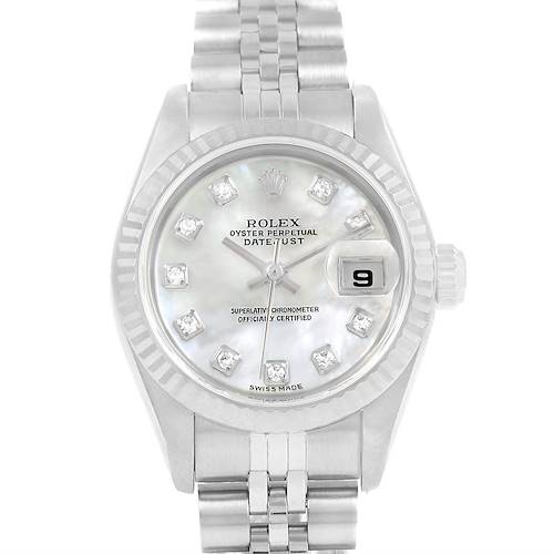 This image shows a Rolex Datejust 79174 Women's Stainless Steel Mother of Pearl Dial 79174 Women's Stainless Steel Mother of Pearl Dial watch from a front angle, including its dial, bezel, crown, and part of the bracelet.