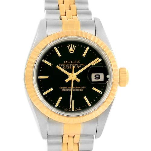 The Rolex Datejust 79173 Women's Steel and Gold (two tone) Black Dial 79173 Women's Steel and Gold (two tone) Black Dial watch is shown from the front, highlighting the dial, bezel, crown, and part of the bracelet.