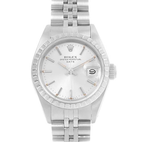 This is a front view of the Rolex Datejust 69240 Women's Stainless Steel Silver Dial 69240 Women's Stainless Steel Silver Dial watch, showing the dial, hands, date window, bezel, and bracelet.