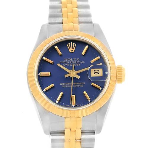The image shows a Rolex Datejust 69173 Women's Stainless Steel Blue Dial 69173 Women's Stainless Steel Blue Dial watch from a front angle, displaying the face, bezel, and part of the bracelet.