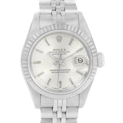 This image shows a front view of the Rolex Datejust 69174 Women's Stainless Steel Silver Dial 69174 Women's Stainless Steel Silver Dial watch, highlighting the dial, bezel, bracelet, and date display.