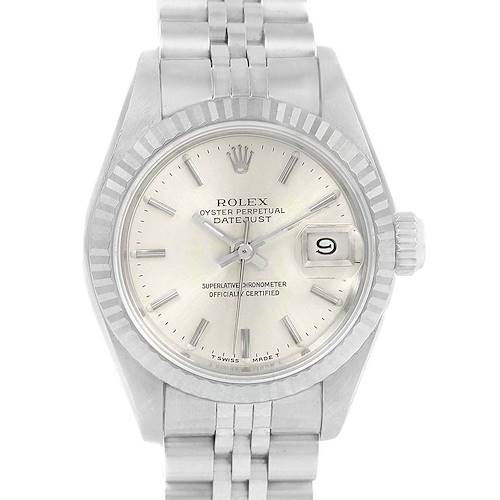 The image shows a front view of a Rolex Datejust 69174 Women's Stainless Steel Silver Dial 69174 Women's Stainless Steel Silver Dial watch displaying the face, bezel, and part of the bracelet.