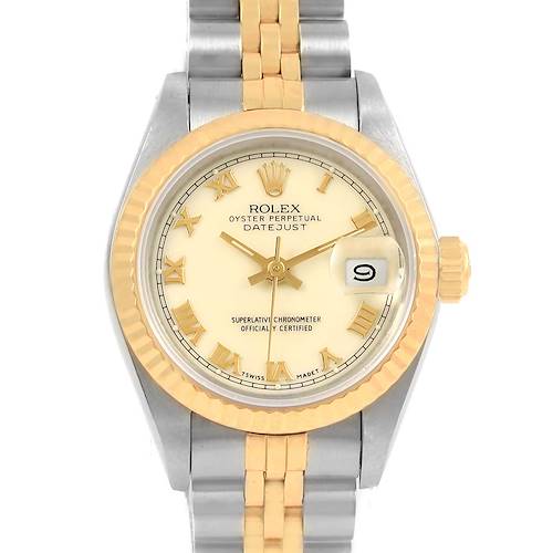 This image shows a front view of the Rolex Datejust 69173 Women's Stainless Steel Beige Dial 69173 Women's Stainless Steel Beige Dial watch, highlighting its dial, bezel, bracelet, and date window.