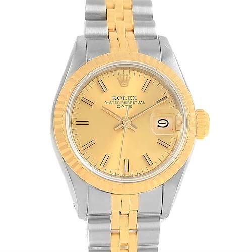 This image shows a frontal view of the Rolex Datejust 69173 Women's Stainless Steel Champagne Dial 69173 Women's Stainless Steel Champagne Dial watch, displaying the dial, bezel, bracelet, and crown.