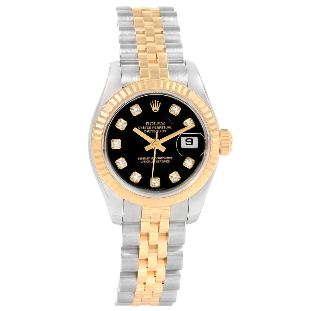 This image shows a Rolex Datejust 179173 Women's Steel and Gold (two tone) Black Dial 179173 Women's Steel and Gold (two tone) Black Dial watch with a black dial, diamond hour markers, and a two-tone gold and silver Jubilee bracelet, viewed from the front angle.