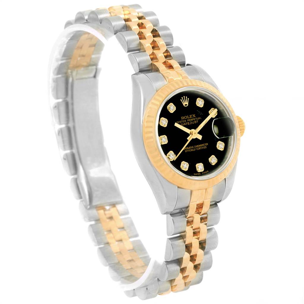 The image shows a side-angle view of a Rolex Datejust 179173 Women's Steel and Gold (two tone) Black Dial 179173 Women's Steel and Gold (two tone) Black Dial watch showcasing its two-tone bracelet and black dial with diamond hour markers.