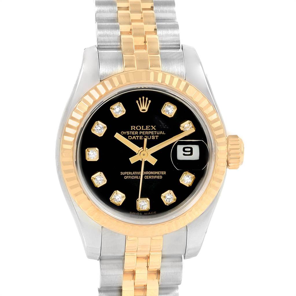 This image shows a front view of a Rolex Datejust 179173 Women's Steel and Gold (two tone) Black Dial 179173 Women's Steel and Gold (two tone) Black Dial watch, highlighting its bezel, dial, hands, and crown.
