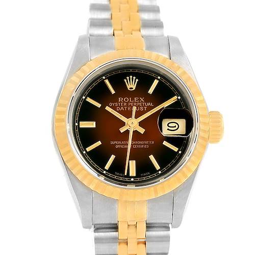 This Rolex Datejust 69173 Women's Stainless Steel Brown Dial 69173 Women's Stainless Steel Brown Dial watch is shown from a front angle, highlighting its dial, bezel, and two-tone bracelet.
