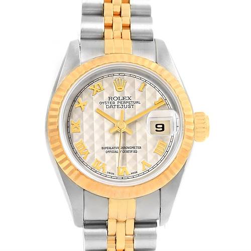 This image shows a front view of a Rolex Datejust 69173 Women's Stainless Steel Beige Dial 69173 Women's Stainless Steel Beige Dial model, displaying the dial, bezel, bracelet, and date window.