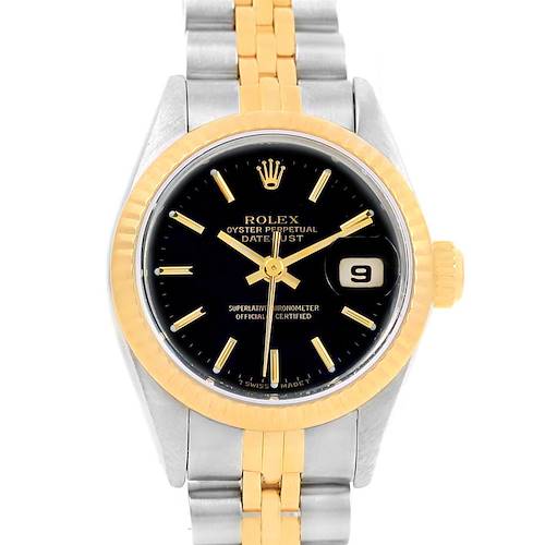 The image shows a Rolex Datejust 69173 Women's Stainless Steel Black Dial 69173 Women's Stainless Steel Black Dial watch from a front angle, highlighting its gold and silver bracelet, black dial, and date display.