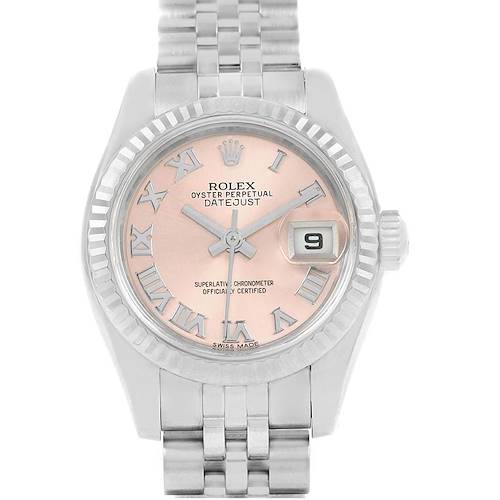 The Rolex Datejust 179174 Women's Stainless Steel Pink Dial 179174 Women's Stainless Steel Pink Dial watch is shown from a top-down angle, highlighting its dial, bracelet, bezel, and crown.