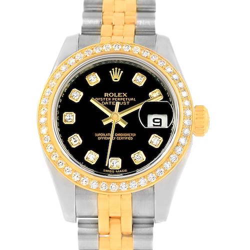 The image shows a front view of a Rolex Datejust 179383 Women's Steel and Gold (two tone) Black Dial 179383 Women's Steel and Gold (two tone) Black Dial watch, highlighting its diamond bezel, black dial, and bicolored bracelet.