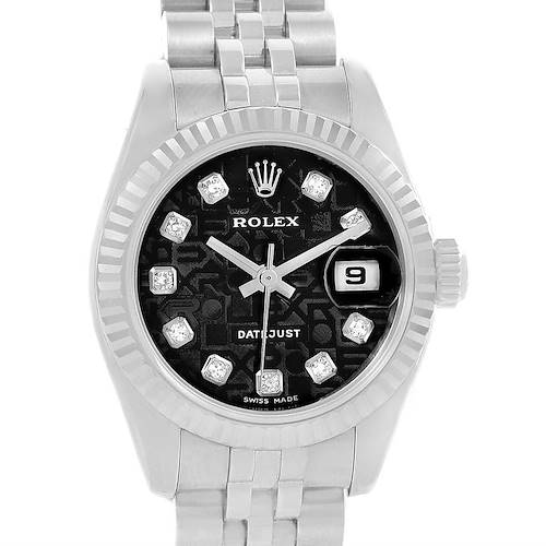 This image shows a frontal view of the Rolex Datejust 179174 Women's Stainless Steel Black Dial 179174 Women's Stainless Steel Black Dial watch, highlighting the dial, bezel, hands, date window, and bracelet.