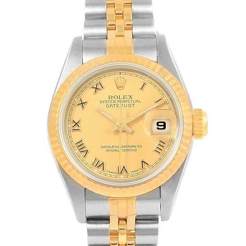This image shows the front view of a Rolex Datejust 69173 Women's Stainless Steel Champagne Dial 69173 Women's Stainless Steel Champagne Dial watch, displaying the face, bezel, crown, and a portion of the bracelet.