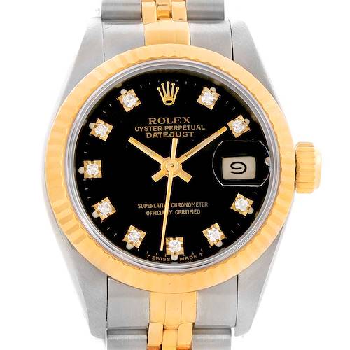 The image shows a Rolex Datejust 69173 Women's Stainless Steel Black Dial 69173 Women's Stainless Steel Black Dial watch from a top-down angle, highlighting the dial, bezel, crown, and part of the bracelet.