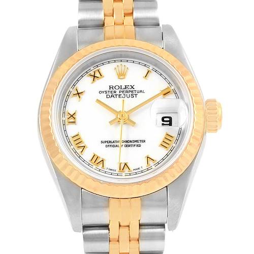 This image shows a front view of a Rolex Datejust 79173 Women's Steel and Gold (two tone) White Dial 79173 Women's Steel and Gold (two tone) White Dial watch featuring a gold bezel, white dial with gold Roman numerals, and a two-tone bracelet.