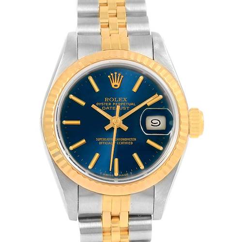 This image shows a front view of a Rolex Datejust 69173 Women's Stainless Steel Blue Dial 69173 Women's Stainless Steel Blue Dial watch, highlighting its blue dial, gold bezel, and two-tone bracelet.
