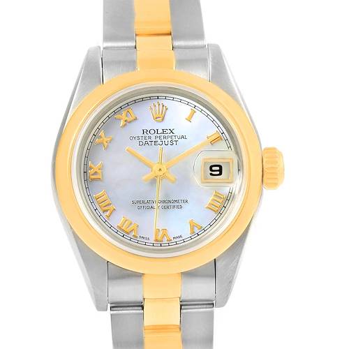 The image shows a front view of the Rolex Datejust 69163 Women's Stainless Steel Mother of Pearl Dial 69163 Women's Stainless Steel Mother of Pearl Dial watch, highlighting the dial, bezel, and bracelet.